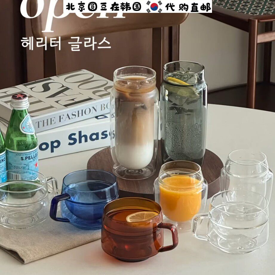 韩国直邮代购手工玻璃琥珀透明色双层隔热玻璃杯茶水咖啡啤酒杯