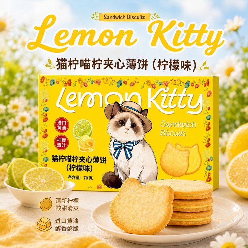 猫柠香水柠檬夹心薄脆饼干小猫饼办公室解馋休闲网红零食小点心