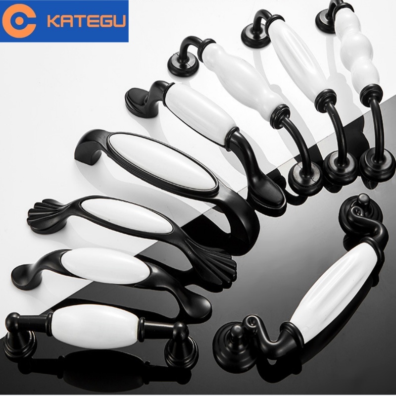 卡特固锌合金+陶瓷抽屉拉手黑白欧式古典橱柜门把手家具五金配件
