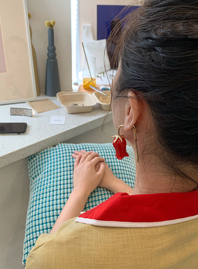 MIRROR ACC简约玫瑰花耳环女韩国创意气质红色耳坠潮人个性耳饰