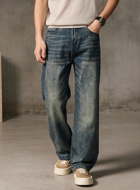 美式复古水洗做旧直筒牛仔裤男宽松阔腿长裤春季