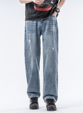 美式复古破洞水洗蓝色牛仔裤男宽松直筒休闲长裤
