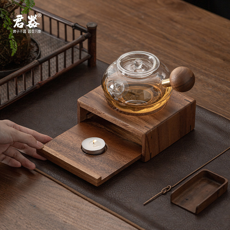 君器胡桃木温茶器底座蜡烛保温小茶炉实木茶台耐热玻璃泡茶壶套装,餐饮具,茶道/零配,淘宝优惠券,粉丝福利购,淘宝优惠卷