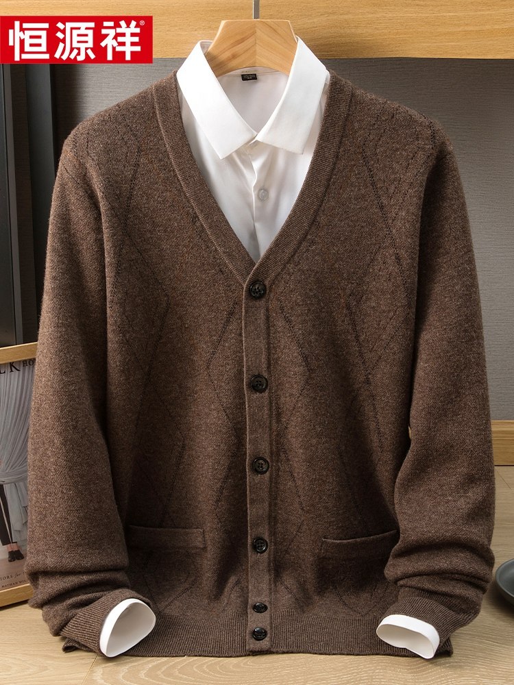 恒源祥爸爸装本命年羊绒开衫男秋冬保暖针织外套V领加厚红色毛衣