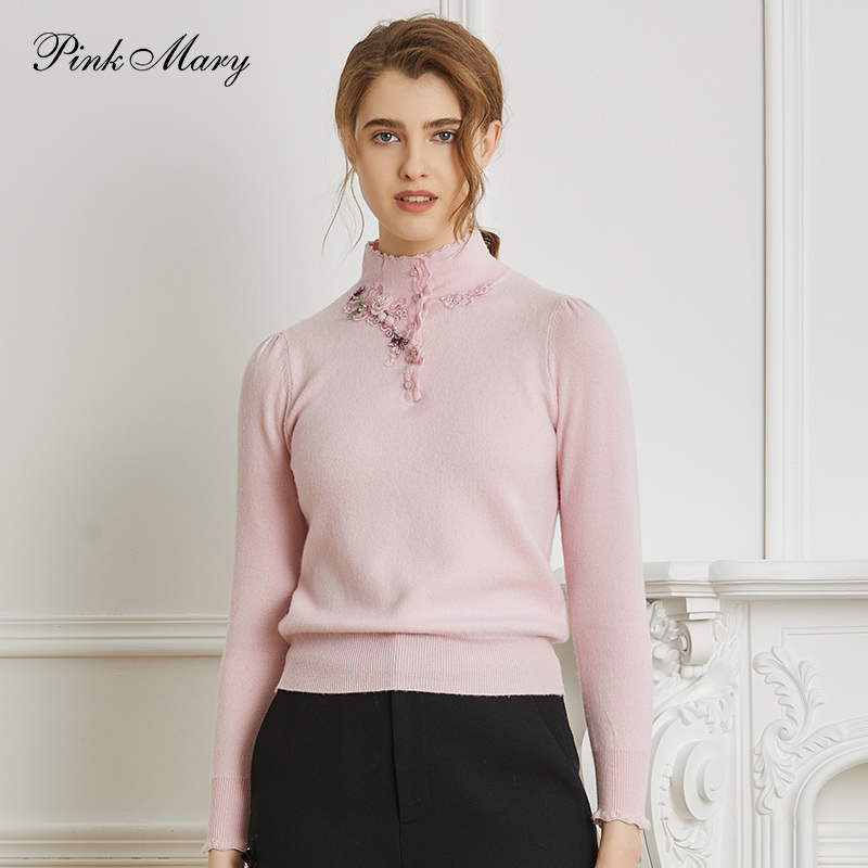 粉红玛琍毛针织衫女秋冬新款手工绣花半高领羊绒套头衫PMAMW9029