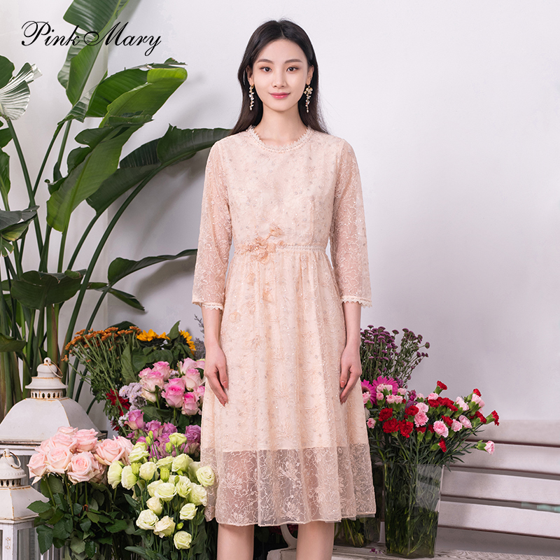 粉红玛丽绣花蕾丝连衣裙女收