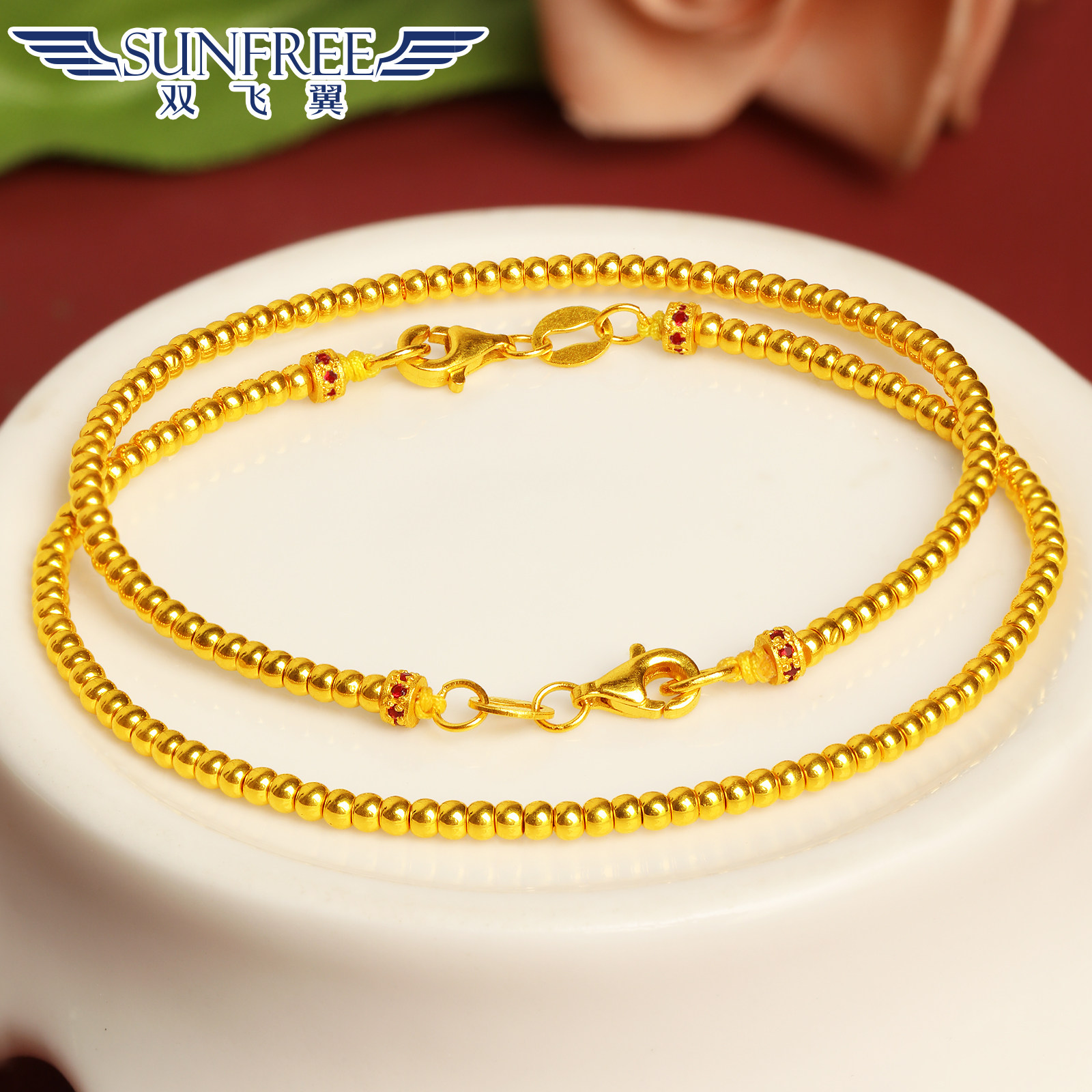 双飞翼5G镶钻金珠手链足金999图片
