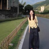 配吊带百搭修身 新款 显瘦设计感上衣 女2026春季 黄色假两件针织开衫