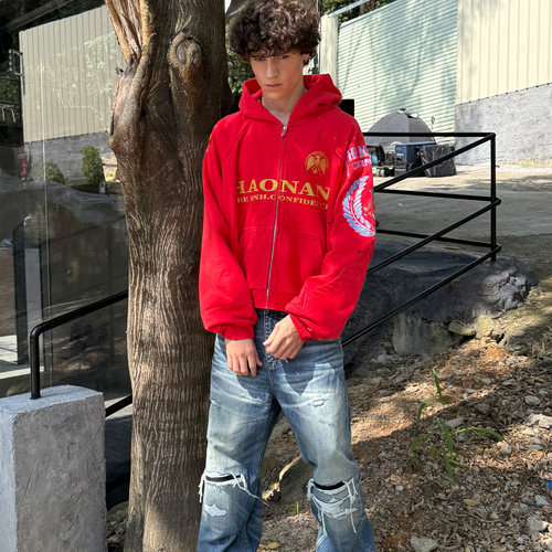 日本进口绣花拉链连帽卫衣