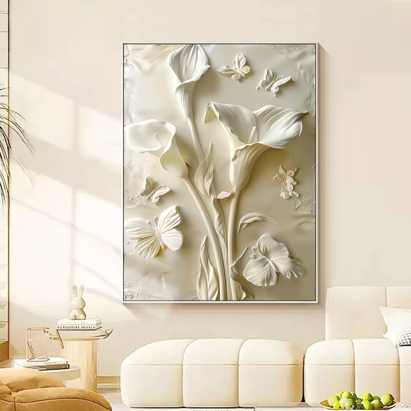 盈浩现代轻奢奶油风装饰画客厅沙发背景墙挂画立体花卉图案背景画图片
