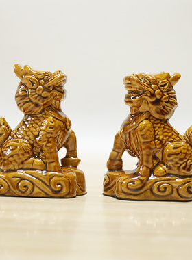 唐三彩陶瓷麒麟一对招财开镇家宅居过客厅玄光关门口摆放装饰品