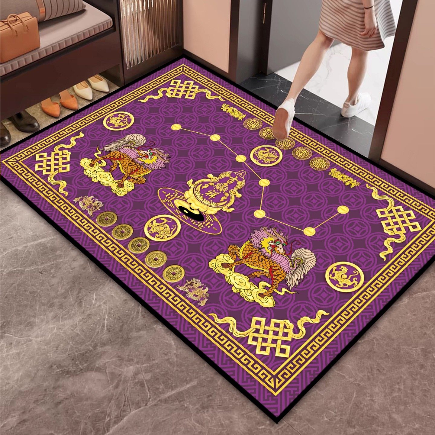 旺宅开运九紫离火运地垫麒麟入户门七星脚垫五行风水门垫紫色地毯