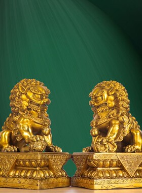 北京铜狮子摆件一对门口镇辟宅邪纯黄铜大小号工故宫狮无底宫门狮