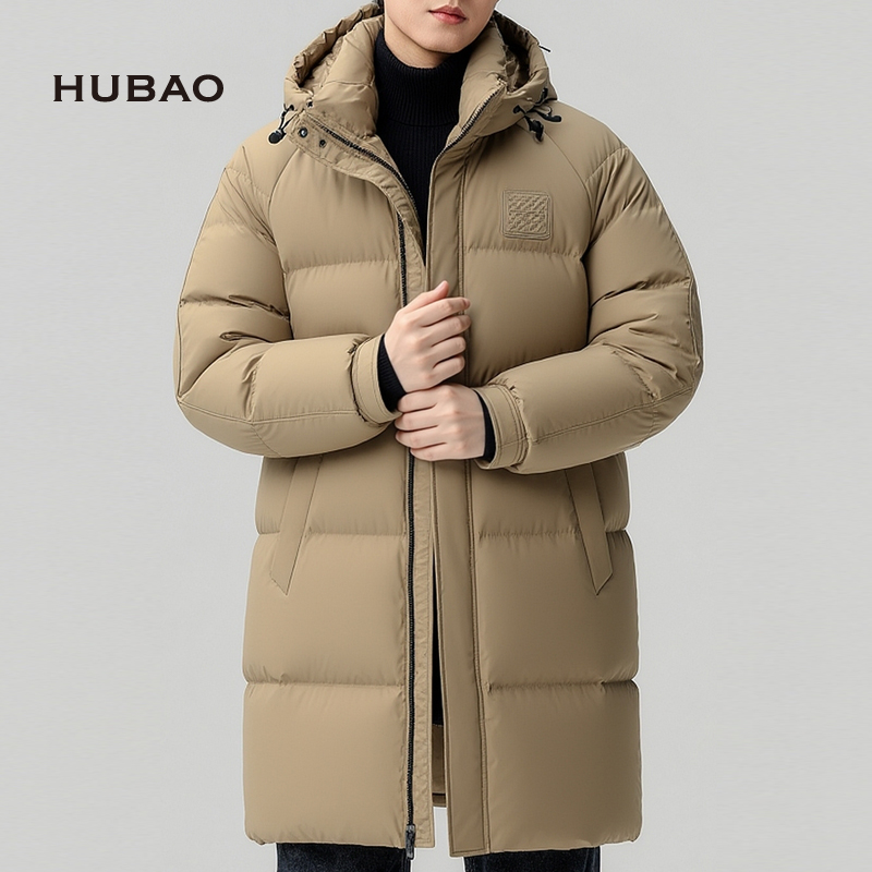 虎豹羽绒服男款冬季中长款90白鸭绒卡其色外套上衣