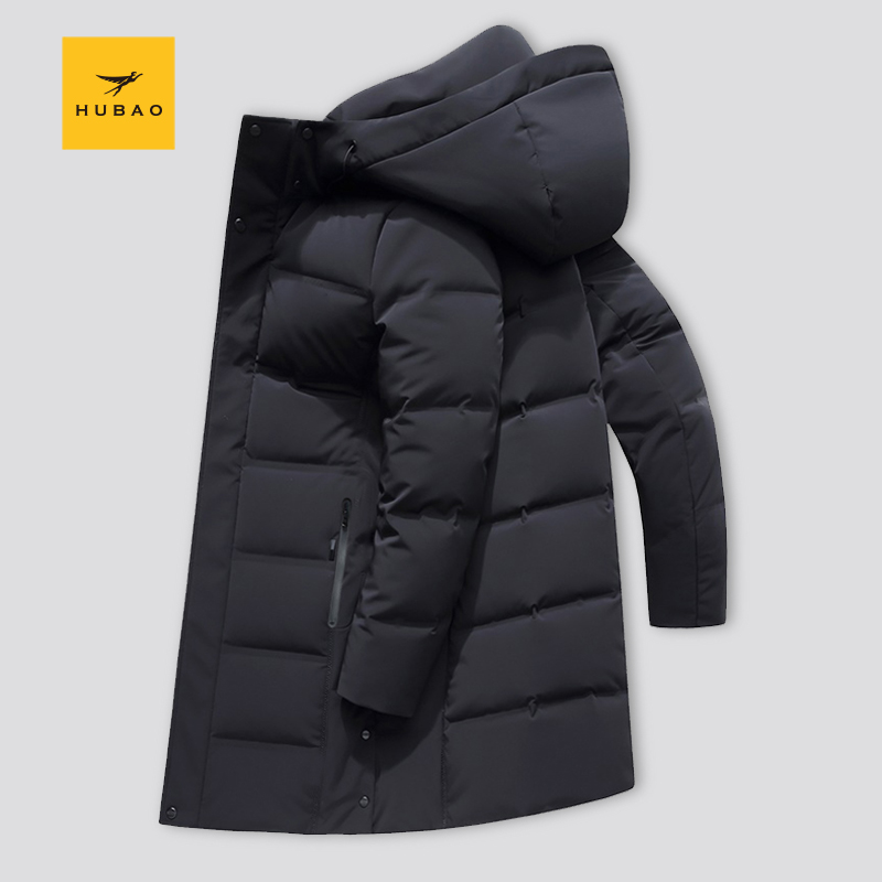 虎豹男士黑色可拆卸帽子中长款羽绒服保暖羽绒服男外套