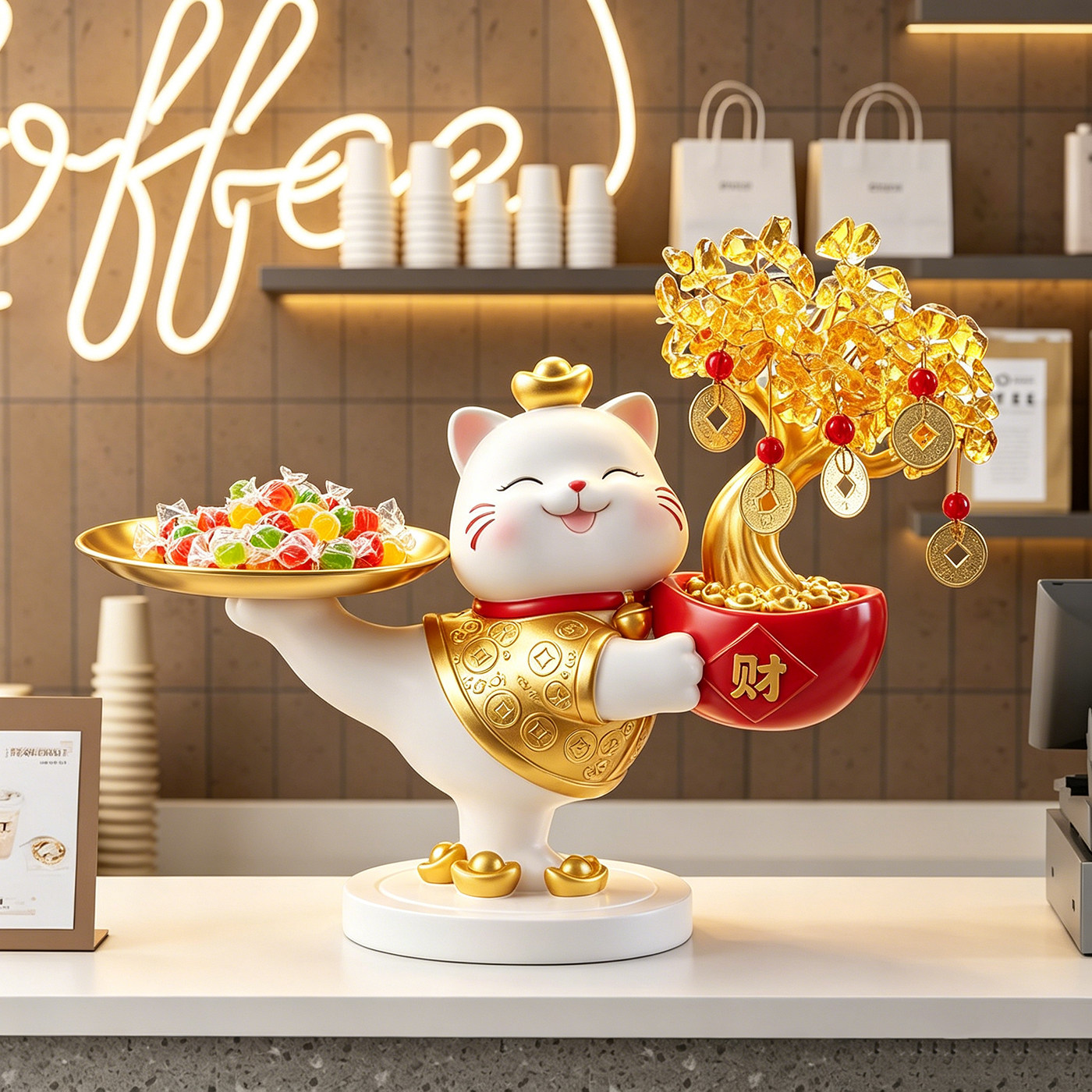 招财猫摆件前台收银台放糖果托盘开业大吉礼物店铺装饰发财猫礼品