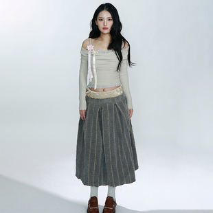 LOCALMANSION原创 双腰设计竖条纹流苏做旧牛仔裙a字半身裙