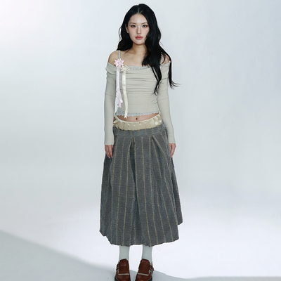 LOCALMANSION原创 双腰设计竖条纹流苏做旧牛仔裙a字半身裙