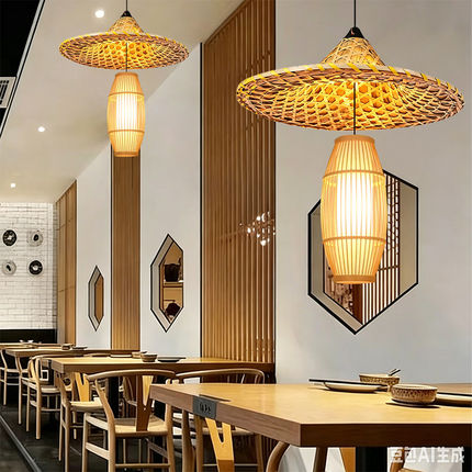 新中式手工竹编斗笠吊灯餐厅酒店遮阳灯具竹编吊灯餐厅民宿火锅店