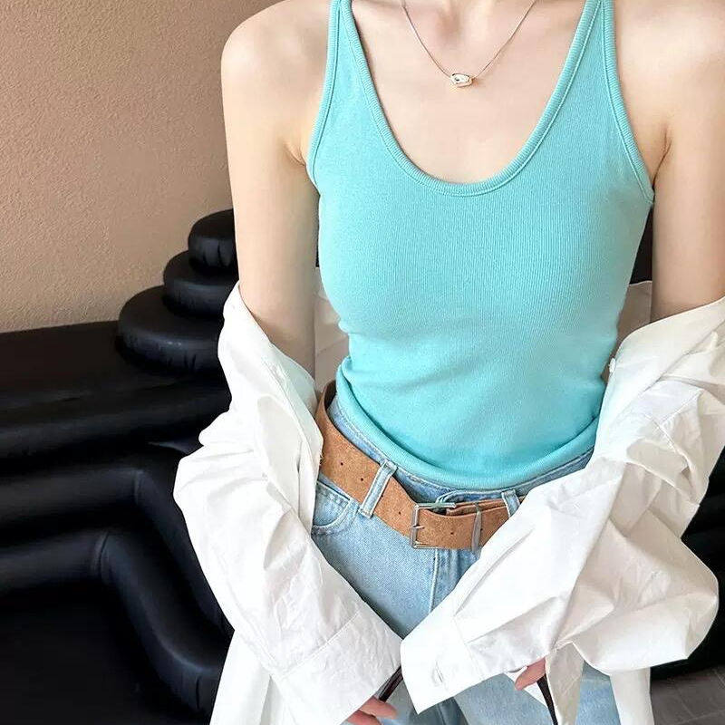 U领挂脖吊带文胸一体带胸垫背心女夏内搭外穿修身无袖辣妹上衣