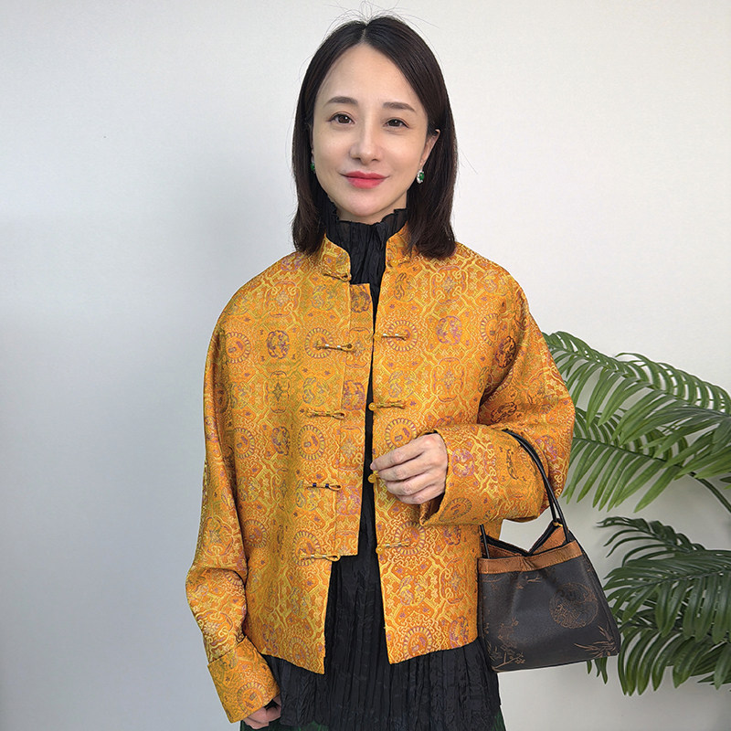 新中式黄色印花外套女2026秋季桑蚕丝盘扣开衫国风上衣