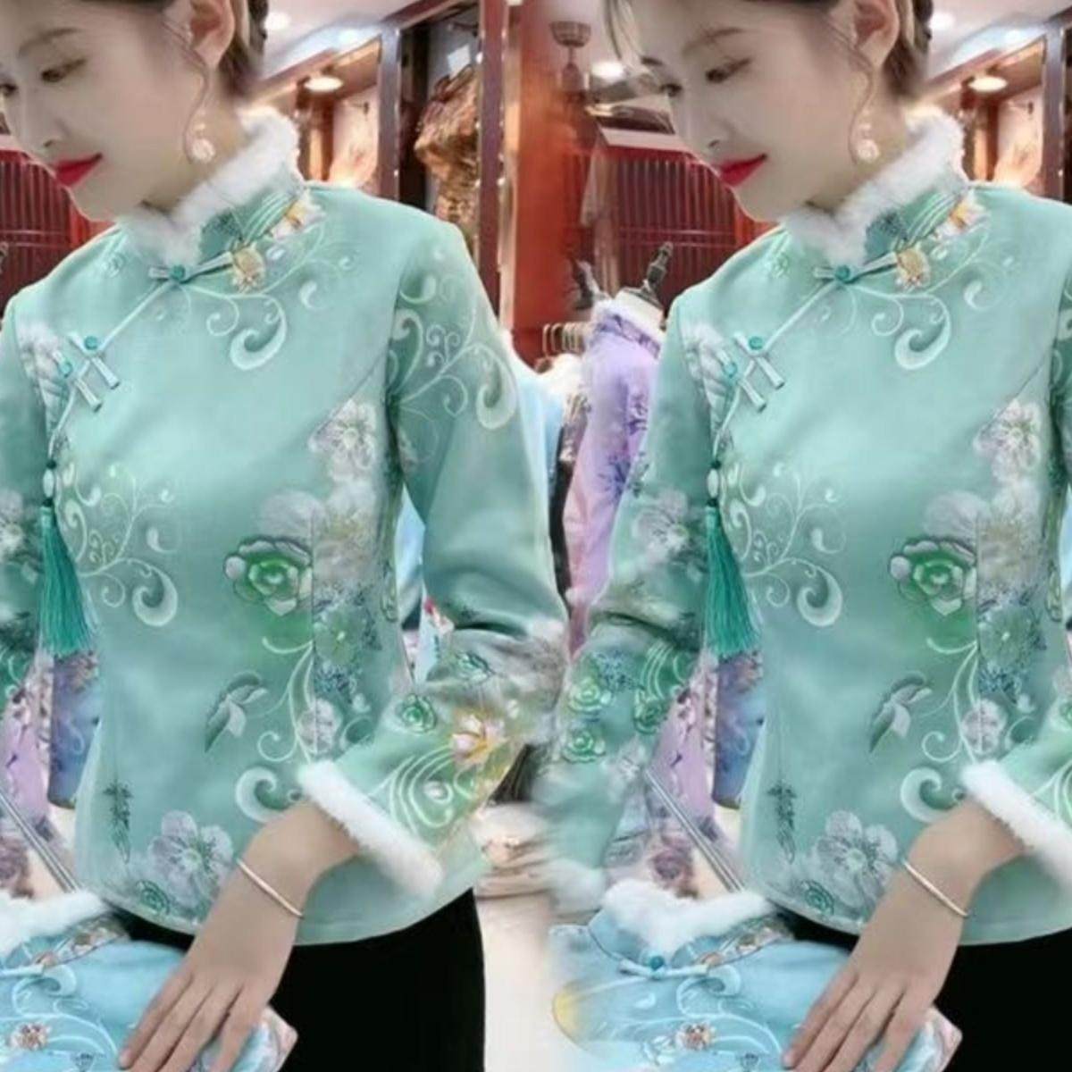 加绒加厚旗袍卫衣女秋冬季中老年