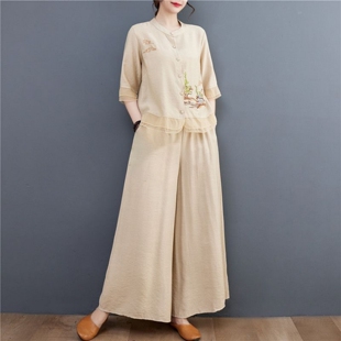 时尚套装2026中式复古棉麻绣花两件套女春夏季宽松阔腿裤减龄