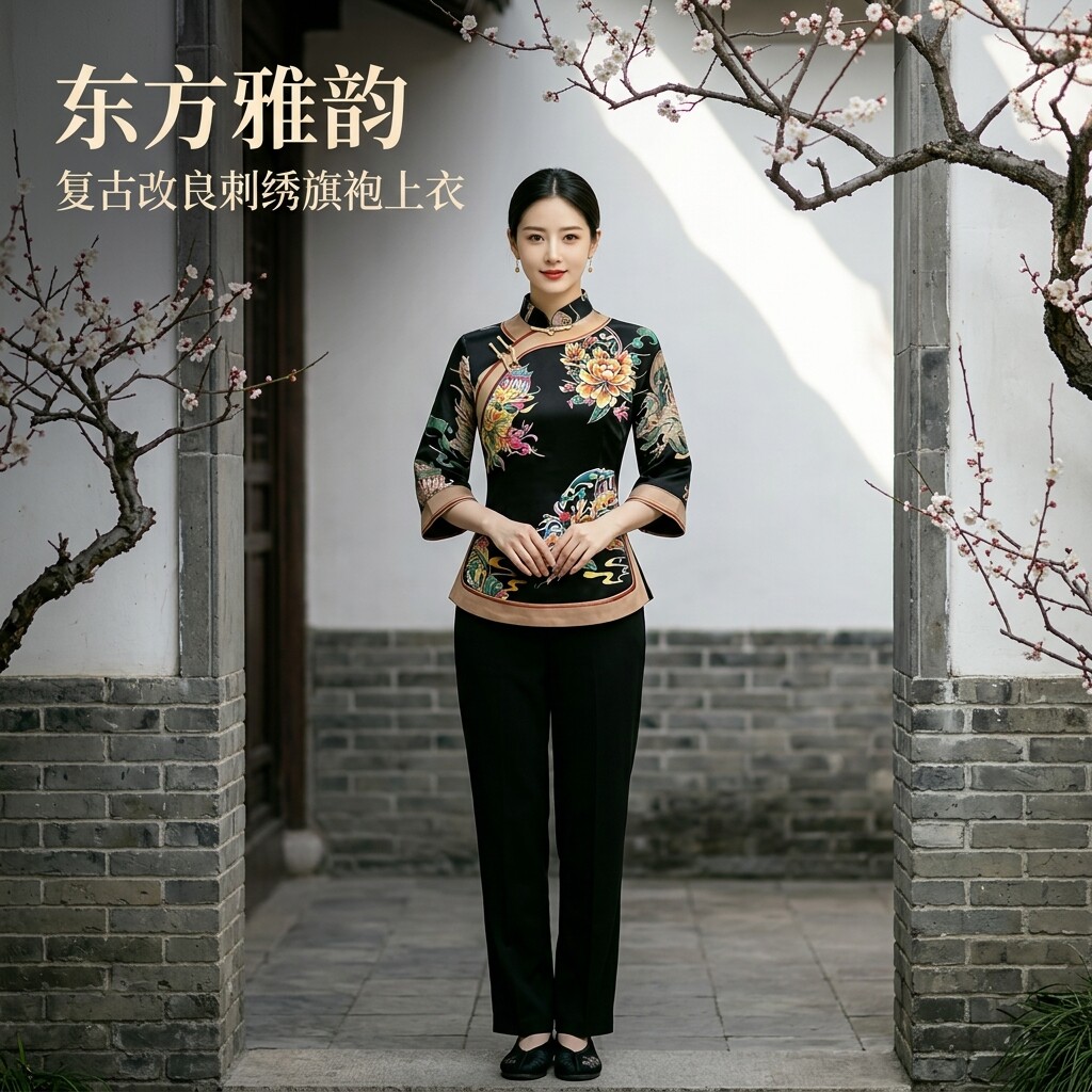 复古风新中式旗袍上衣女七分袖立领盘扣旗袍打底中国风优雅