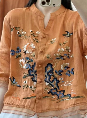 新中式刺绣衬衫女2026夏季新款V领纽扣开衫宽松大码橘色棉麻上衣