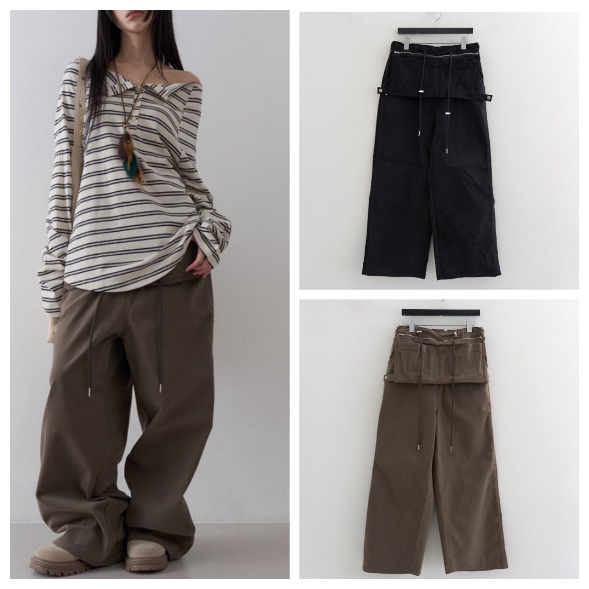 韩国lowear直邮代购2025春秋宽松百搭时尚阔腿裤围裙工装拖地长裤