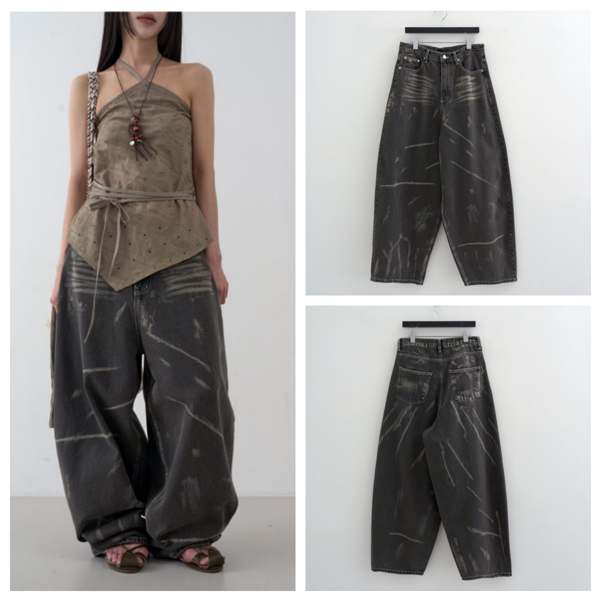 韩国lowear直邮代购2025春秋宽松休闲时尚百搭做旧拖地牛仔长裤