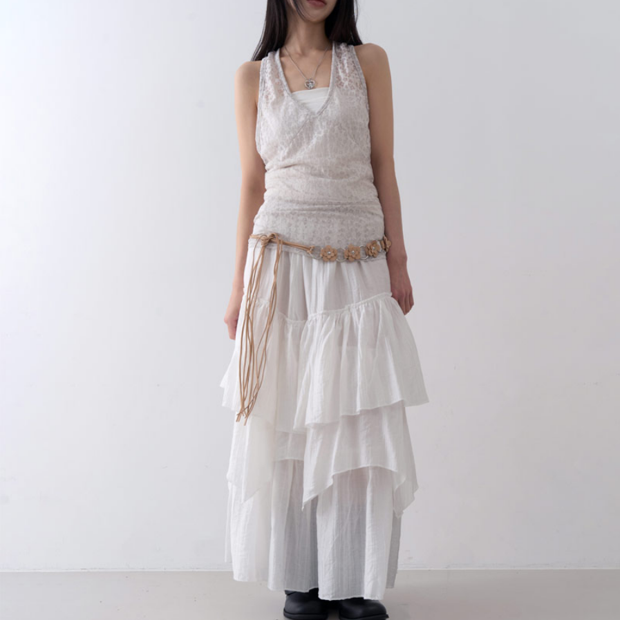 韩国lowear直邮代购2025春秋女装百搭时尚休闲舒适叠层长裙半身裙