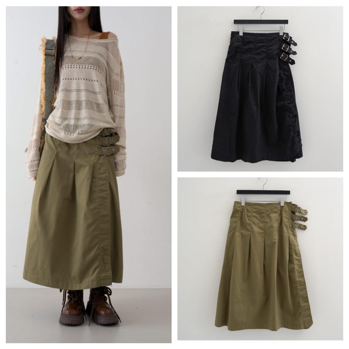 韩国lowear直邮代购2025春秋女装百搭时尚休闲褶皱长款宽松半身裙