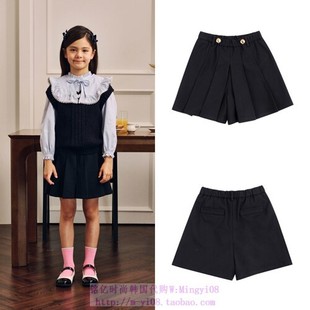 110 been韩国代购 女孩童装 短裤 165 2024春秋儿童深海军蓝褶皱裙裤
