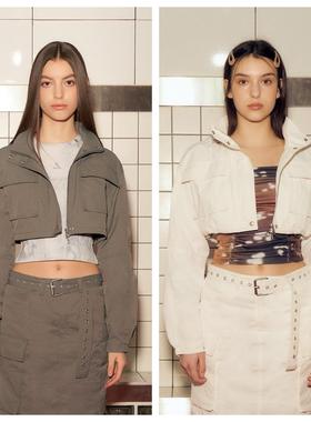 韩国afterhours直邮代购2024春秋女装长袖超短款拉链连帽潮牌外套