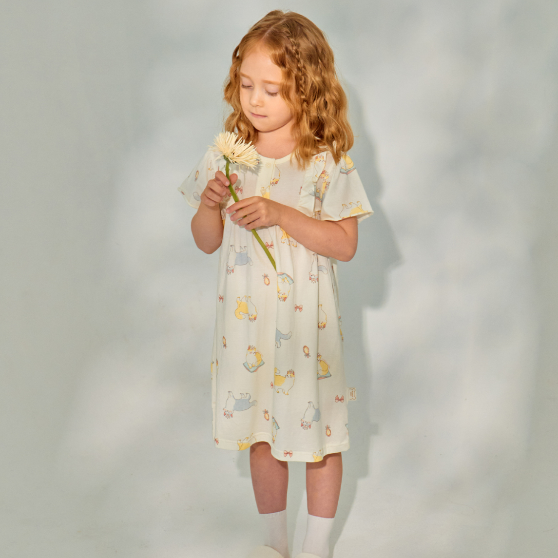 organic mom有机妈妈韩国代购2025春夏女童可爱猫咪家居裙100-150