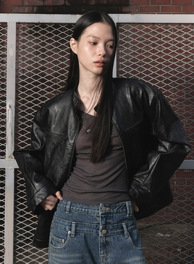 韩国ordes直邮代购2025春秋帅气休闲合成皮革女装立领上衣外套