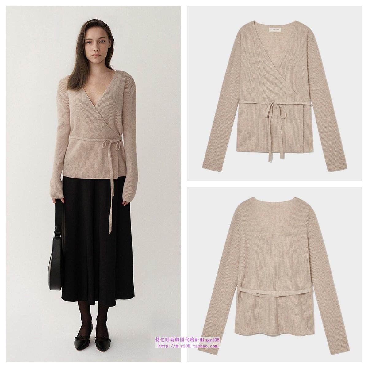 韩国KINDERSALMON直邮代购2023秋冬女装羊毛针织系带毛衣休闲上衣