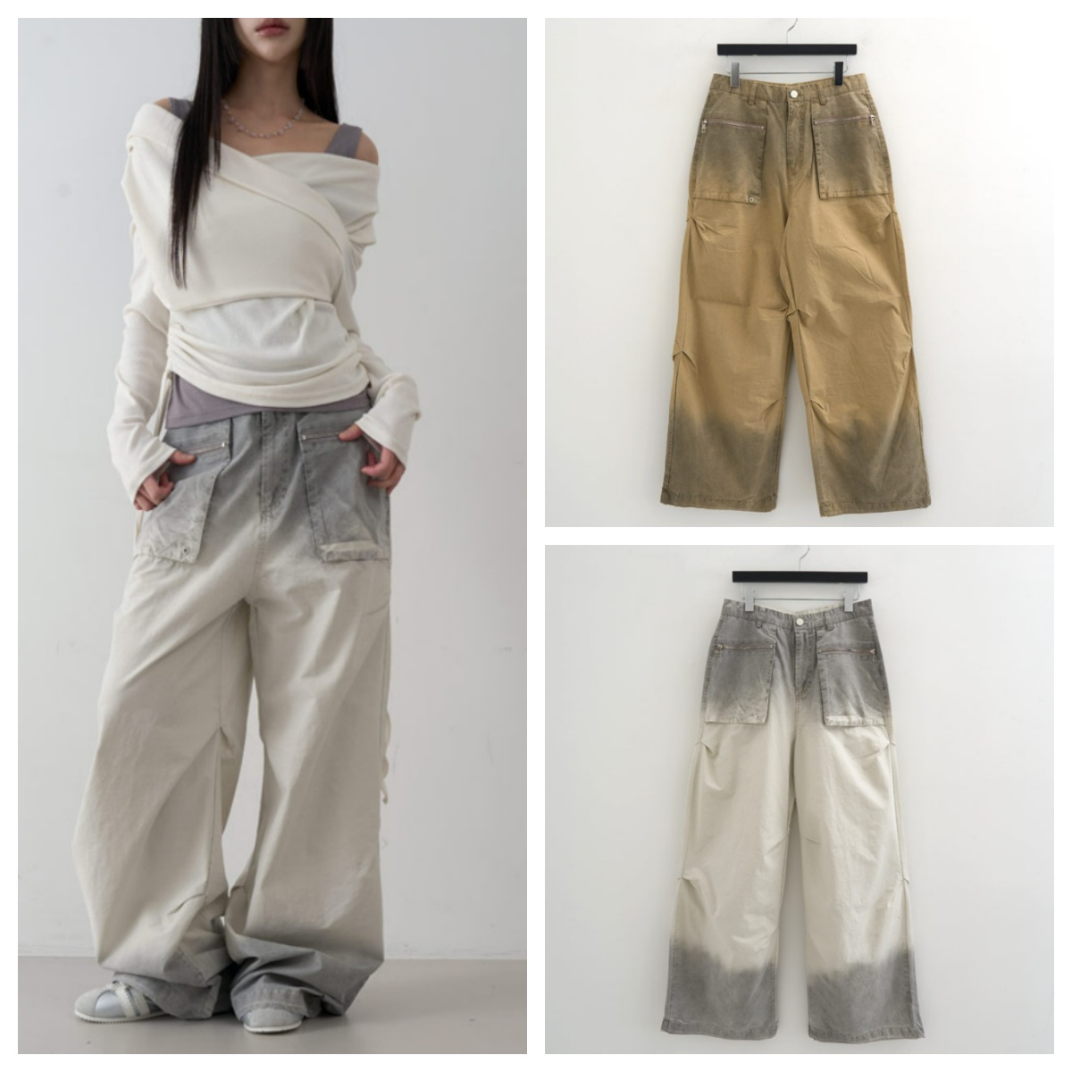 韩国lowear直邮代购2025春秋宽松百搭时尚阔腿裤休闲口袋拖地长裤