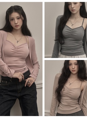 韩国khakipoint直邮代购2025秋冬女装时尚百搭条纹吊带开衫外套