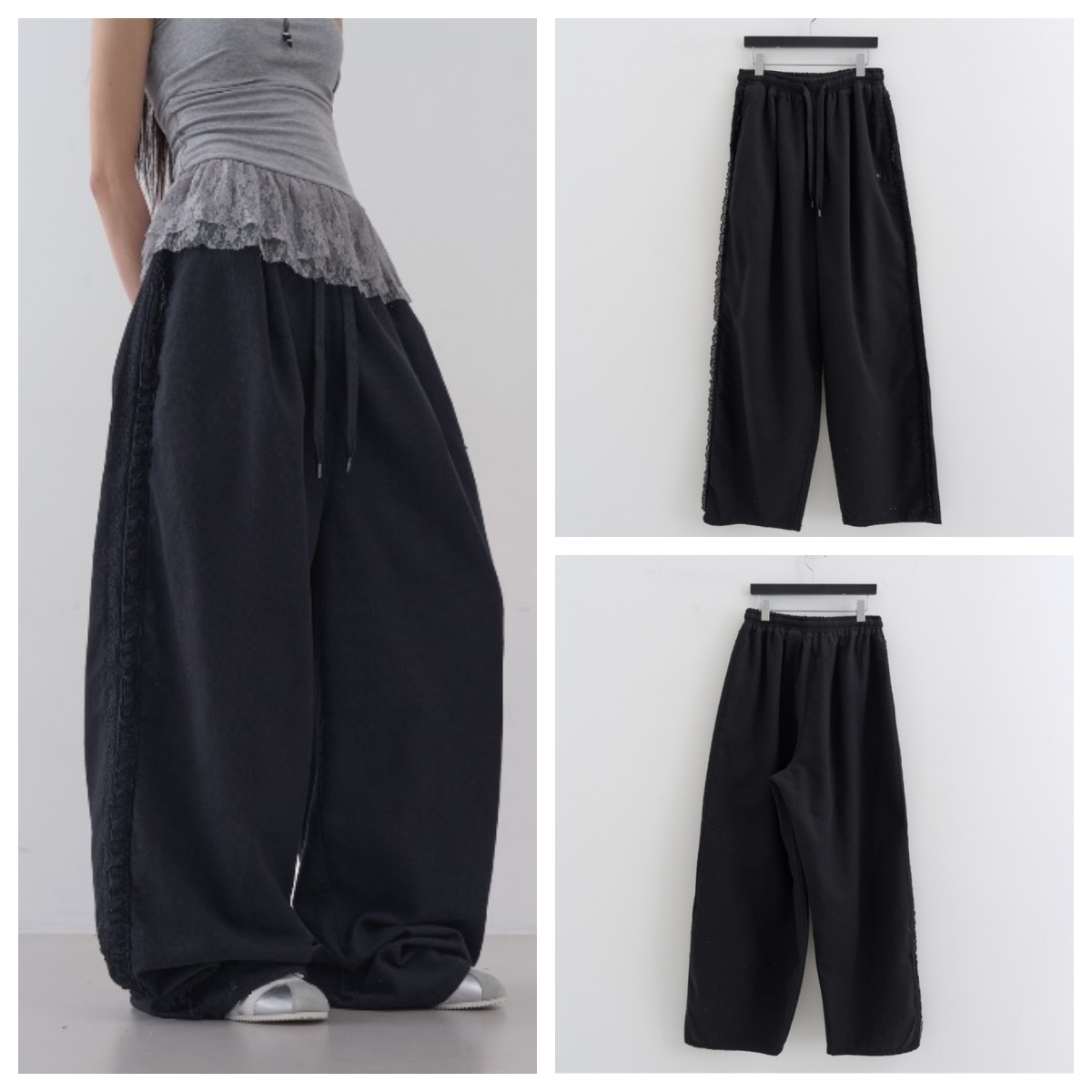 韩国lowear直邮代购2025春秋宽松百搭洋气时尚阔腿蕾丝边休闲长裤