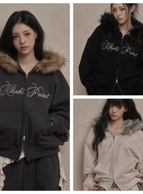 韩国khakipoint直邮代购2025秋冬女装时尚百搭字母毛领短款外套