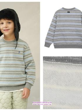 been韩国直邮代购2024秋冬儿童蓝灰条纹加绒长袖T恤童装100-165