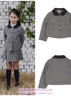 been韩国代购2023春秋儿童灰色格子女孩翻领长袖外套童装110-165