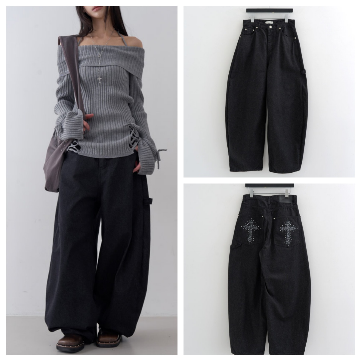 韩国lowear直邮代购2025春秋宽松休闲时尚百搭铆钉十字架牛仔长裤