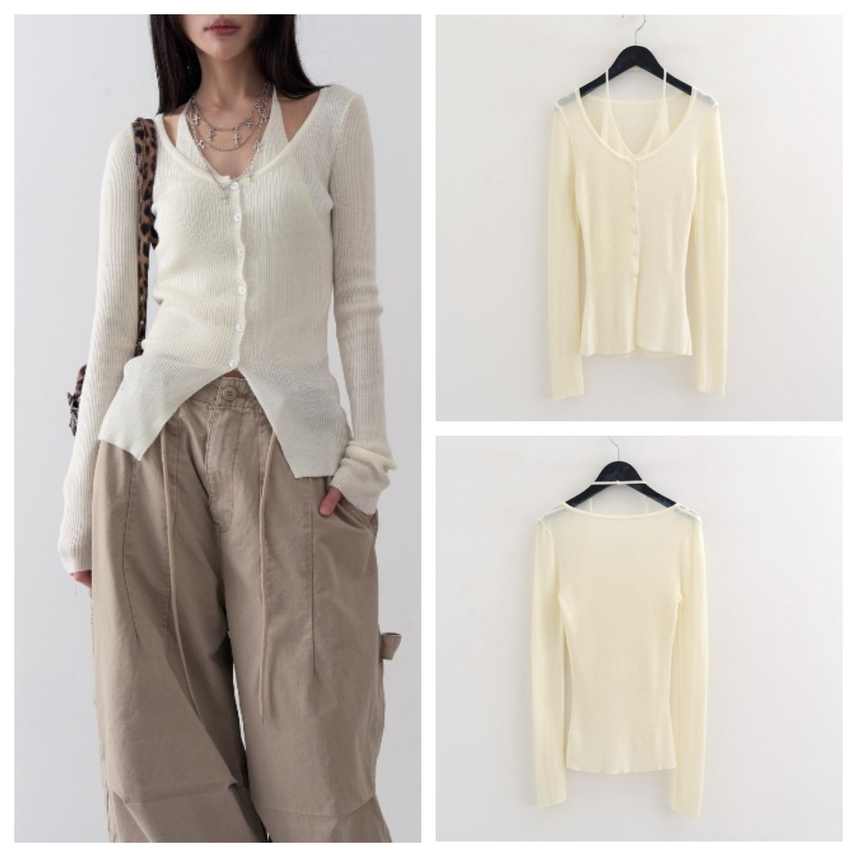 韩国lowear直邮代购2025春秋女装修身针织开衫百搭时尚休闲上衣