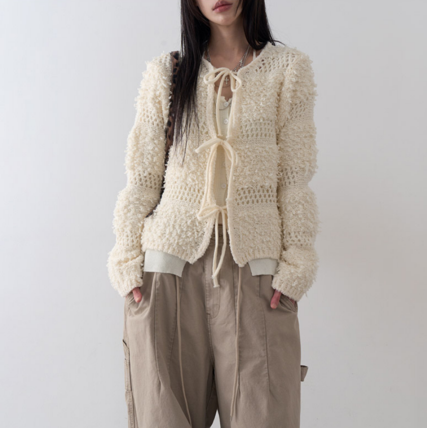 韩国lowear直邮代购2025春秋女装系带针织开衫百搭时尚休闲上衣