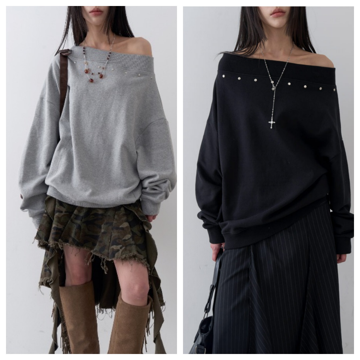 韩国lowear直邮代购2025春秋女装休闲宽松百搭露肩长袖T恤上衣