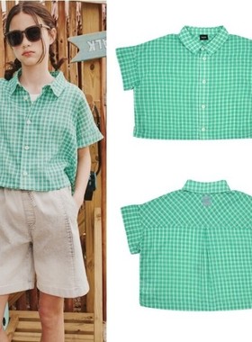 bluetail韩国直邮代购2025夏儿童绿色格子短袖衬衫童装130-175