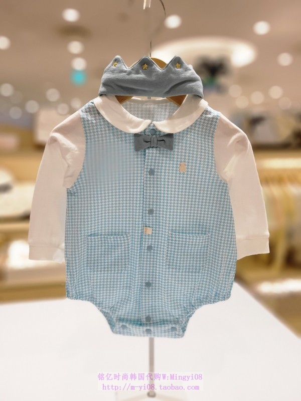 organic mom有机妈妈韩国代购2023春秋儿童千鸟格哈衣连身衣75-90